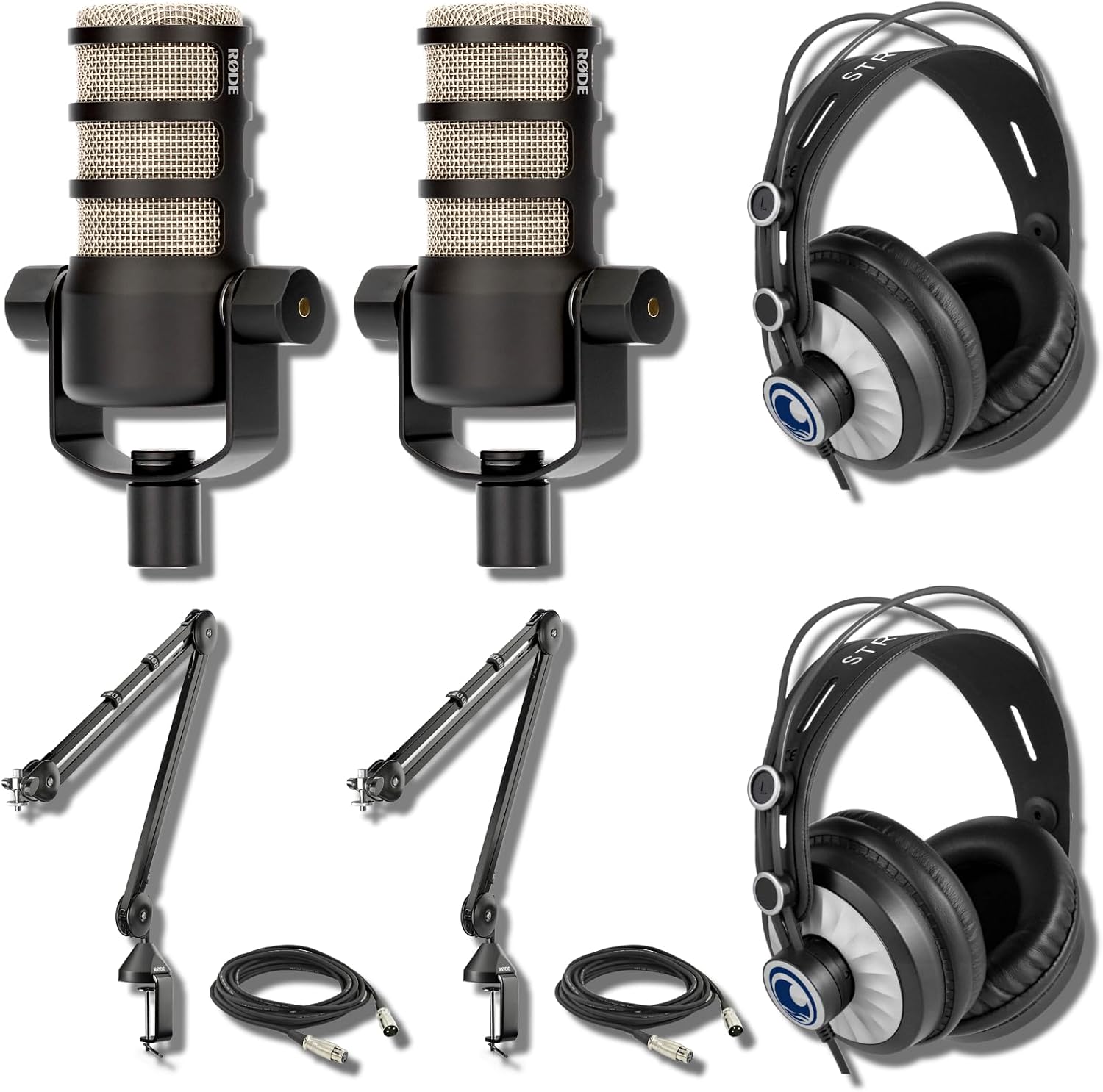 Rode PodMic Dynamic Podcast Microphone (Pair) with Rode PSA1 Microphone Boom Arms, StreamEye Cans50 Podcast Headphones and XLR Cables