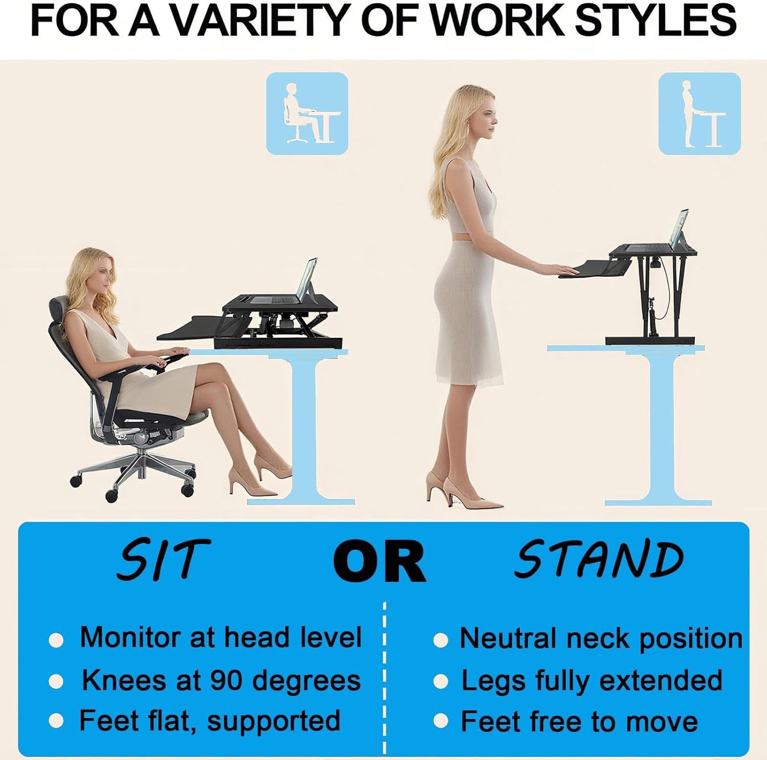 38-inch Standing Desk Converter Height Adjustable Sit to Stand Up Workstation, Duals Monitor and Laptop Riser with Wide Keyboard Tray, for Home, School, Company, Black