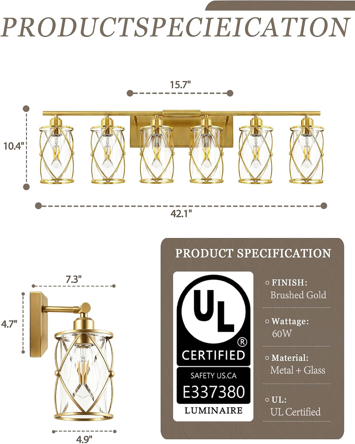 6-Light Brushed Gold Bathroom Light Fixtures Over Mirror, 42' UL-Listed Modern Wall Sconce Lights with Clear Glass and Metal Cage for Bath, Hardwire E26, CH9176BG-6W