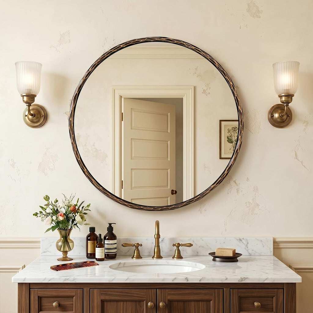 ANDY STAR Hand-Forged Bronze Round Bathroom Mirror, 32 Inch Antique Oil Rubbed Bronze Circular Mirror, Solid Steel Hammered Frame, for Wall Decor, Vanity, Entry, Fireplace, Mantle