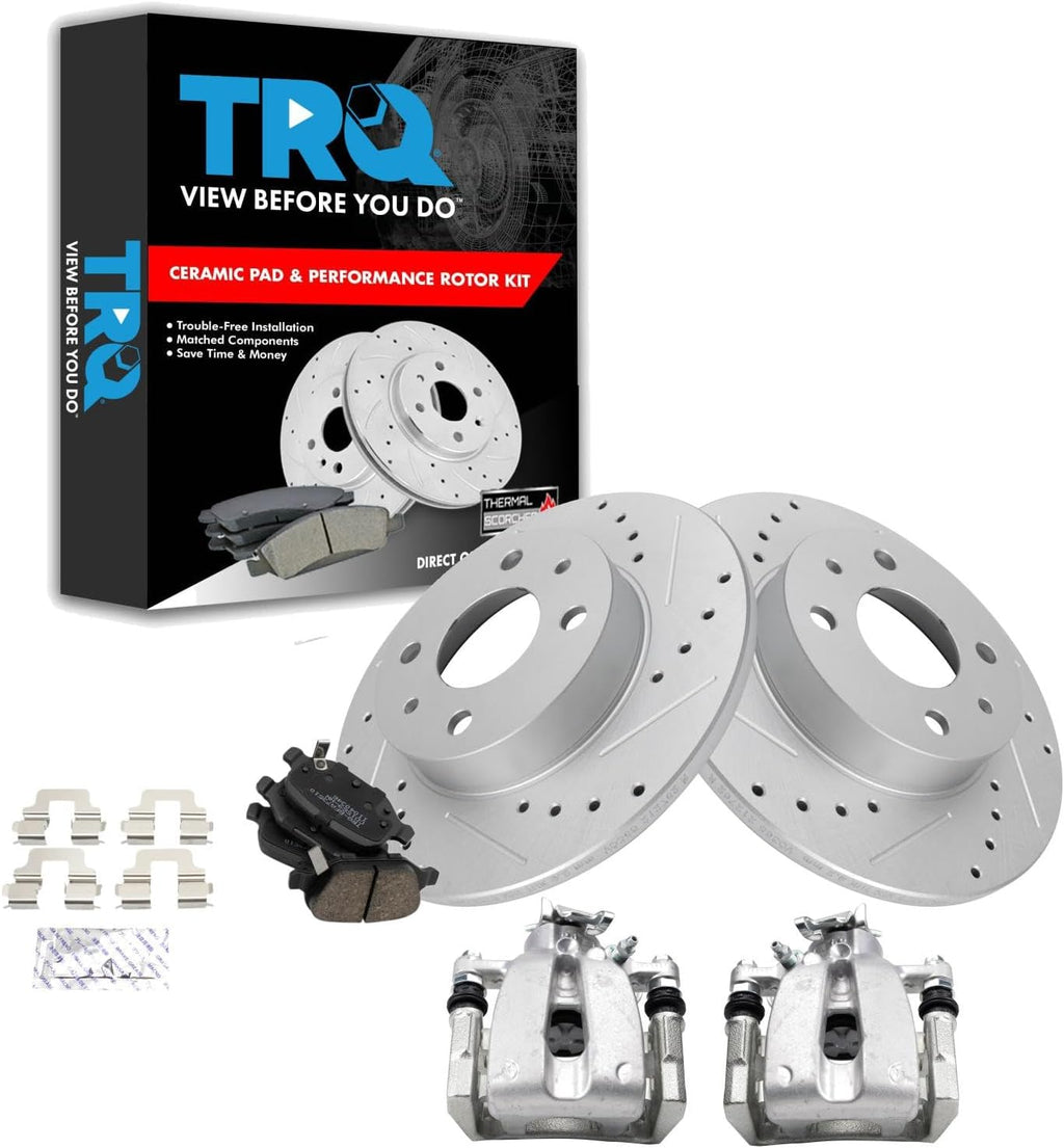 TRQ Performance Rear Brake Pad and Rotor Set Ceramic Solid G Coated Rotors Calipers Compatible with 2012-2017 2019 Fiat 500