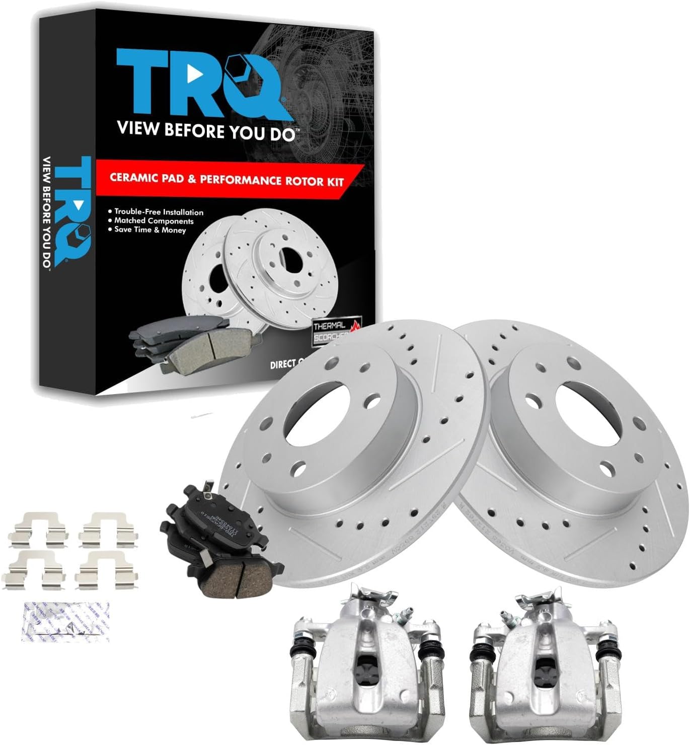 TRQ Performance Rear Brake Pad and Rotor Set Ceramic Solid G Coated Rotors Calipers Compatible with 2012-2017 2019 Fiat 500