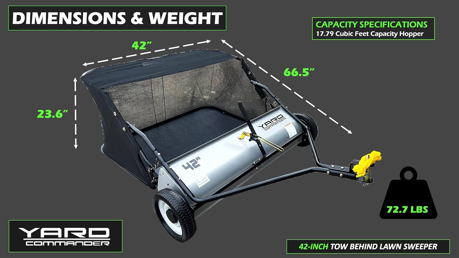 Yard Commander - 42-Inch Tow-Behind Lawn Sweeper, 10' Nylon Brushes, Universal Tractor/ATV Hitch, Never-Flat Wheels, Adjustable Height, 1-Year Warranty, Ideal for Leaves, Grass & Debris