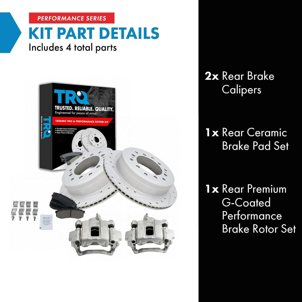 TRQ Performance Rear Brake Pad and Rotor Set Ceramic Drilled Slotted Coated Rotors Calipers Compatible with 2010-2020 Lexus GX460 2010-2018 Toyota 4Runner