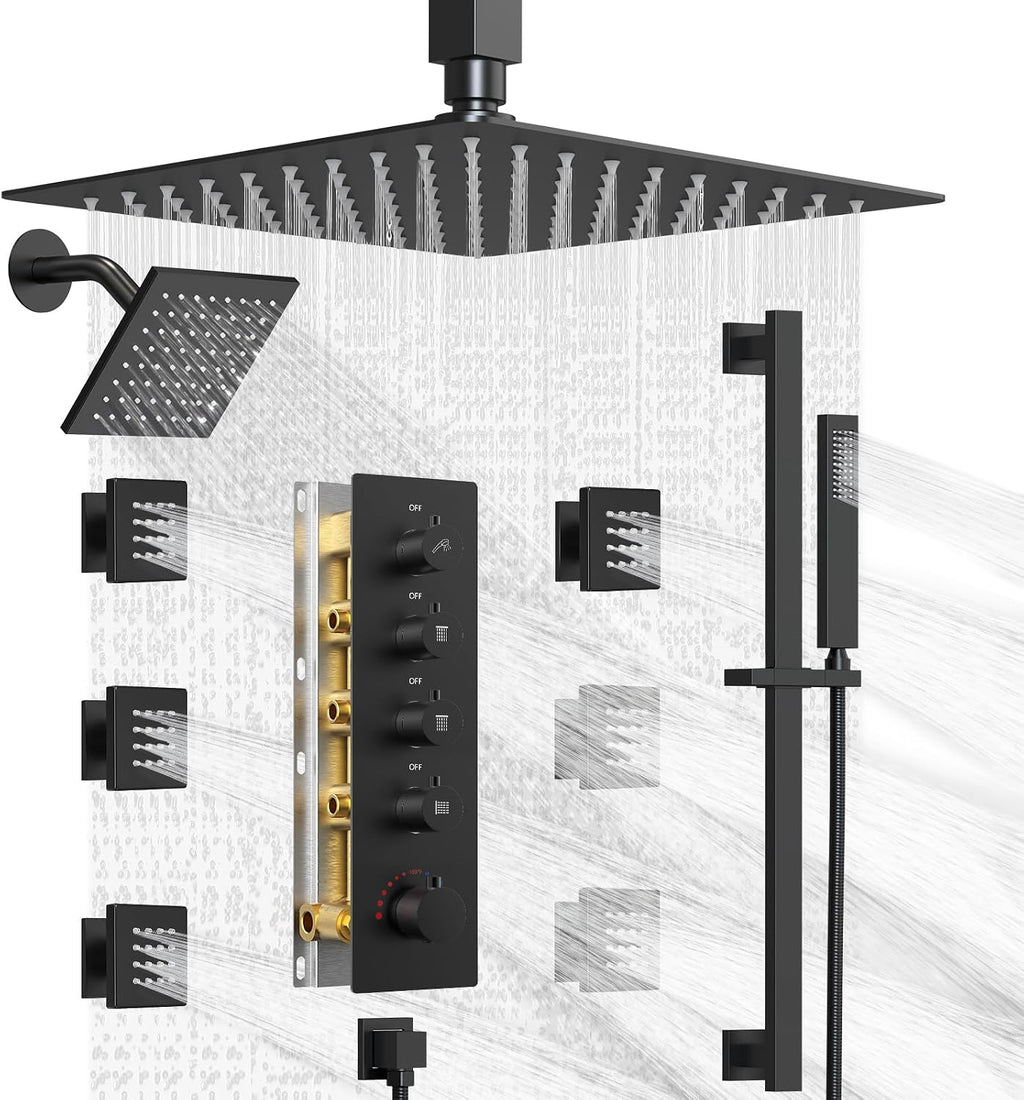 Dual Shower Heads Shower System: Aposhion Thermostatic Shower System - 16' & 6' Rainfall Shower Heads with Handheld Sprayer & 6 Body Massage Jets, Bathroom Shower Faucet Set with Valve, Matte Black