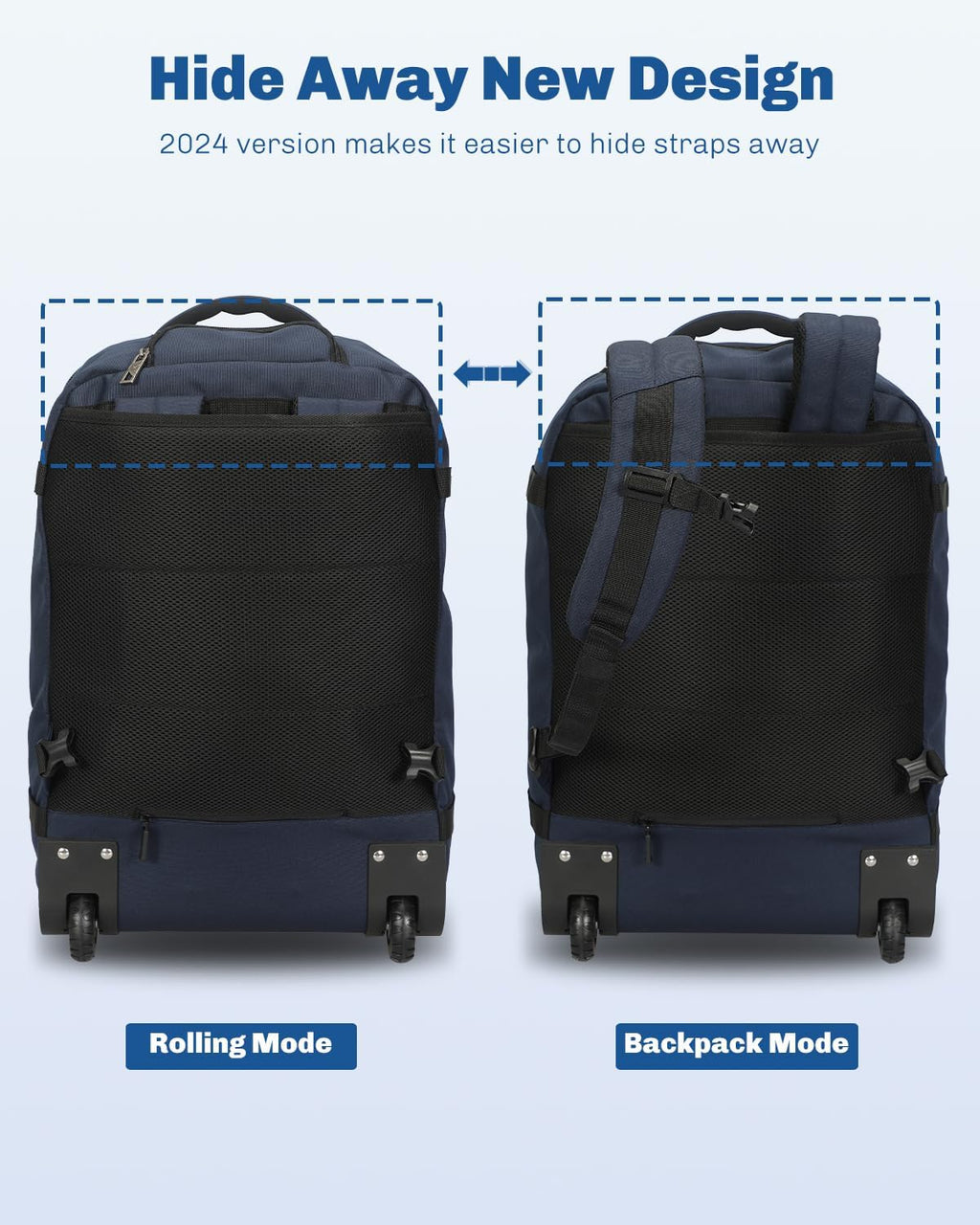 Hynes Eagle Rolling Backpack 42L Backpack with Wheels Airline Approved Carry on Luggage Laptop Travel Suitcase Bag for Women Men Dark Blue