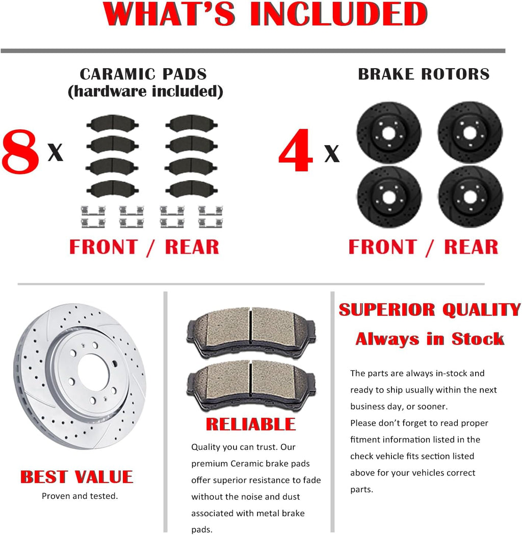 Front and Rear Drilled and Slotted Brake Rotors Ceramic Brake Pads Replacement for Dodge Ram 1500 Durango Chrysler Aspen 5 Lug Models