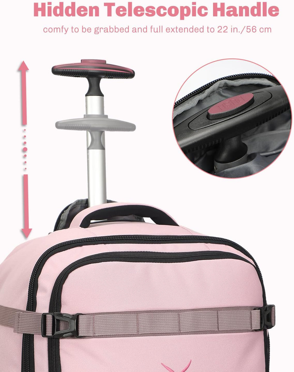 Hynes Eagle Rolling Backpack 42L Backpack with Wheels Airline Approved Carry on Luggage Laptop Travel Suitcase Bag for Women Men Light Pink