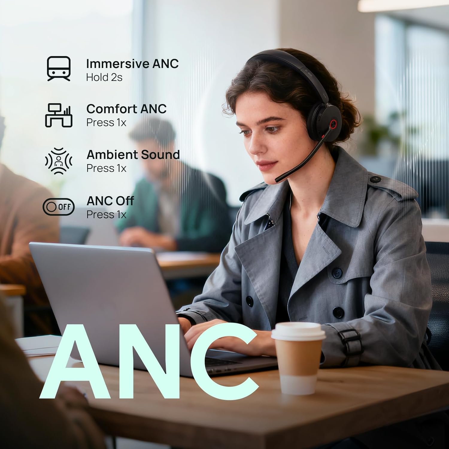 Yealink BH74 UC ANC Bluetooth Headset with Microphone for Hybrid Work, Microsoft Teams Premium Open Ofﬁce Certified Headsets with 6-mics Active Noise Cancellation, Zoom Certified, 65H, Charging Stand