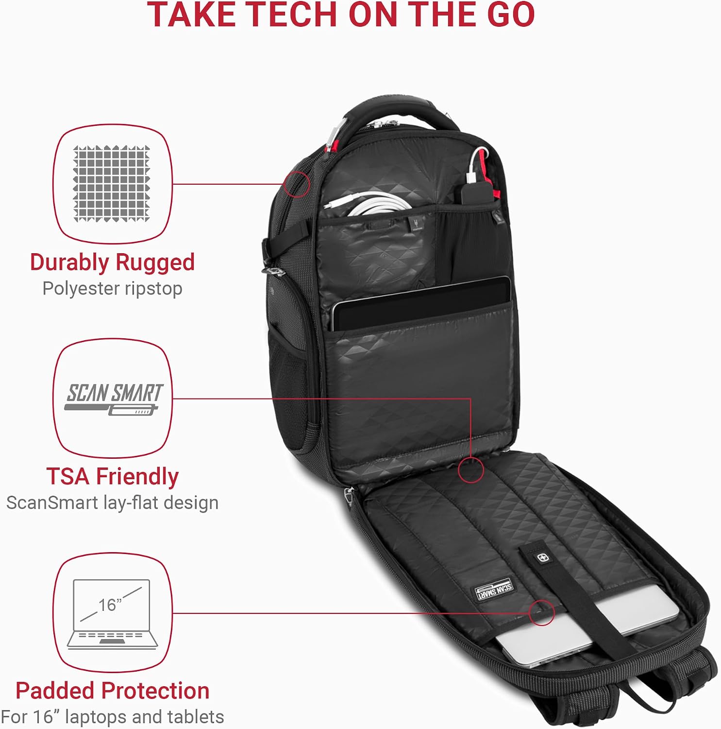 SwissGear Travel Tech Elite Laptop Backpack – Fits Laptops up to 16' – ScanSmart TSA-Friendly Backpack with USB Port, Shoe Compartment & Organizer Pockets – Black Dot