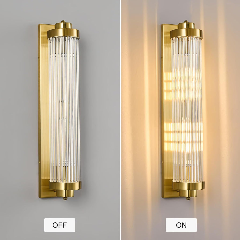 Gold Wall Sconces with Crystal Glass Strip Bathroom Sconces 2 Light E12 Base Modern Wall Lights for Bedroom Living Room Hallway Wall Light Fixtures (1 Pack)