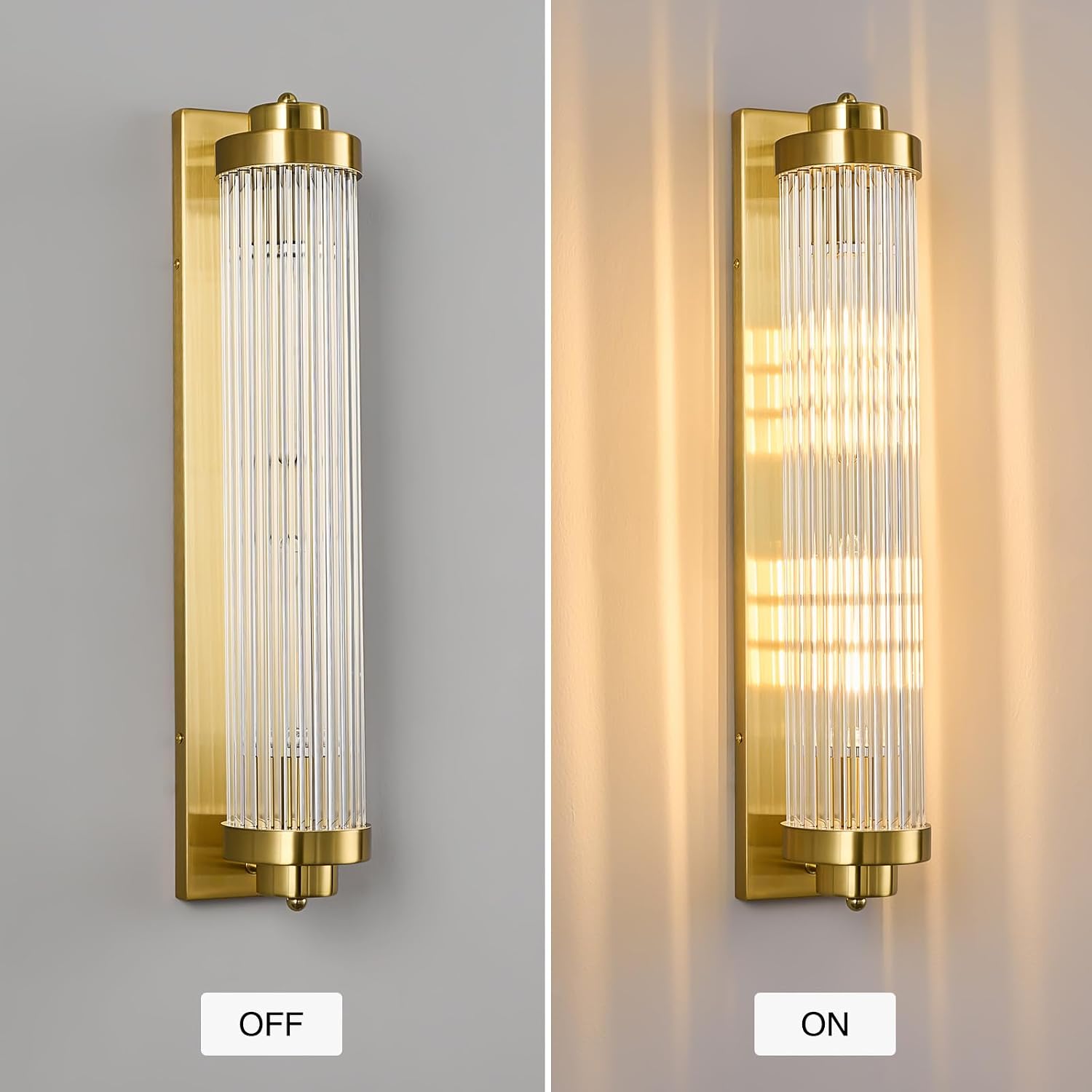 Gold Wall Sconces with Crystal Glass Strip Bathroom Sconces 2 Light E12 Base Modern Wall Lights for Bedroom Living Room Hallway Wall Light Fixtures (1 Pack)