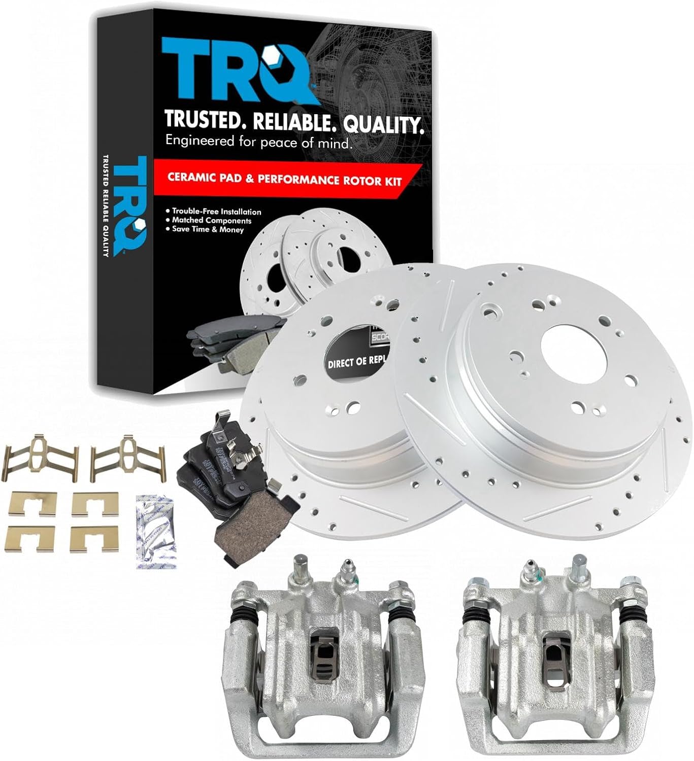 TRQ Performance Rear Brake Pad and Rotor Set Ceramic Slotted Drilled Coated Rotors Calipers Compatible with 2005-2006 Honda CR-V