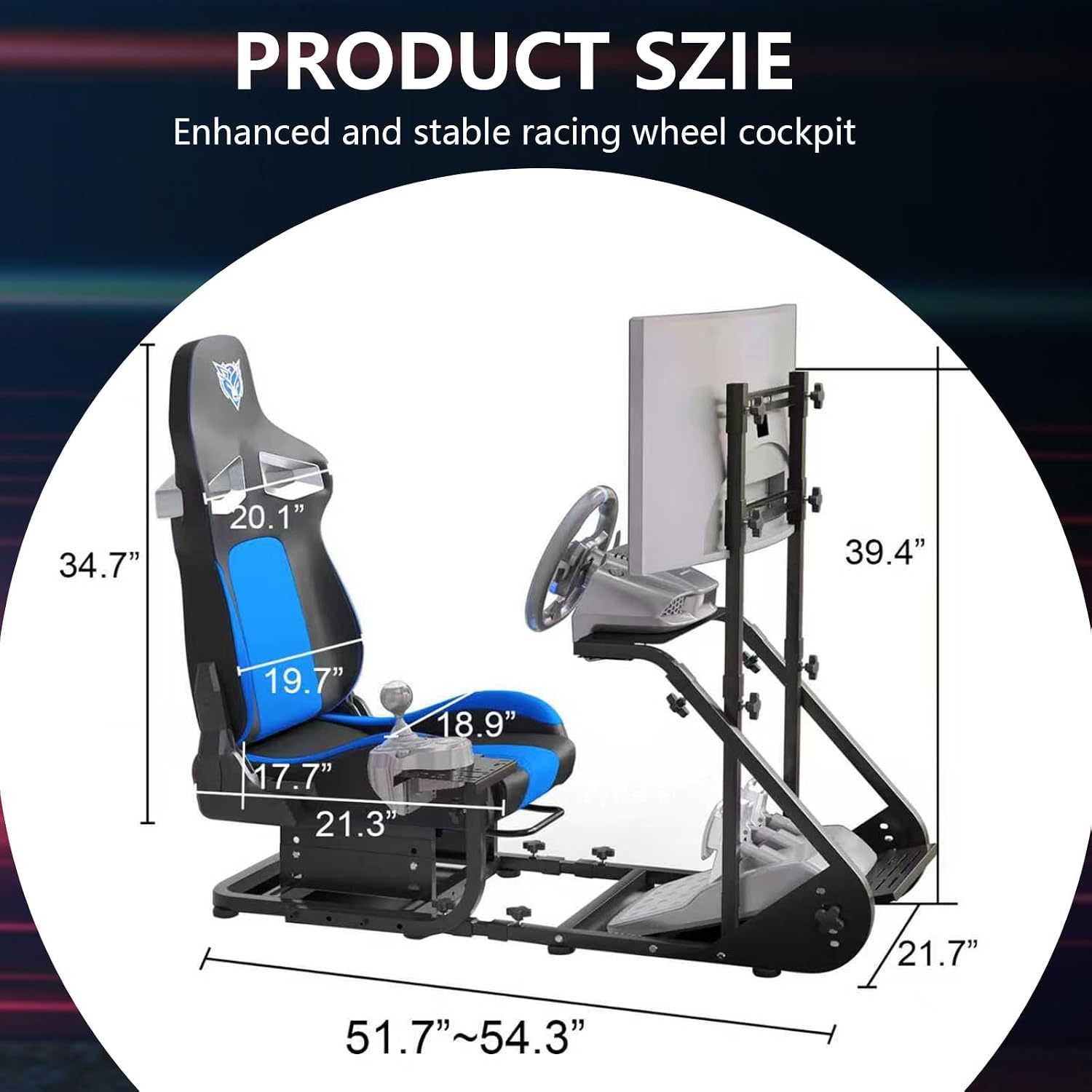 Racing Simulator Cockpit with Monitor Mount and Seat,Sim Racing Cockpit Compatible with Fanatec,PXN,Thrustmaster and Logitech Adjustable Driving Simulators,Excluding Handbrake, Pedals & Monitor (Black+Blue)