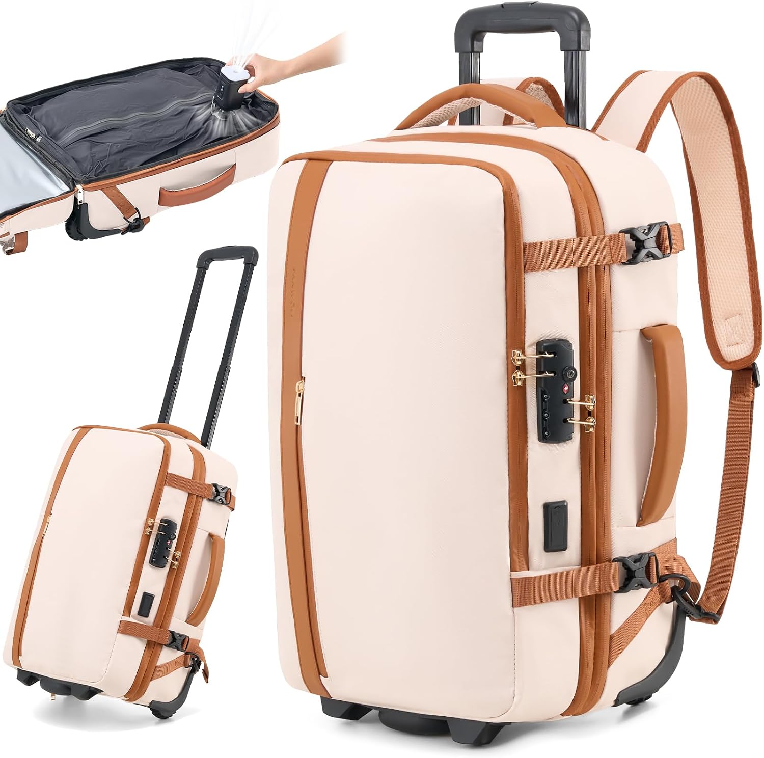 Fanwoli Vacuum Rolling Travel Backpack,Carry On Luggage with TSA Lock & Anti Theft Zipper,70L Expandable Airbag Backpack with Compression Pump,Waterproof Laptop Bag Ideal for Flight & Business,White