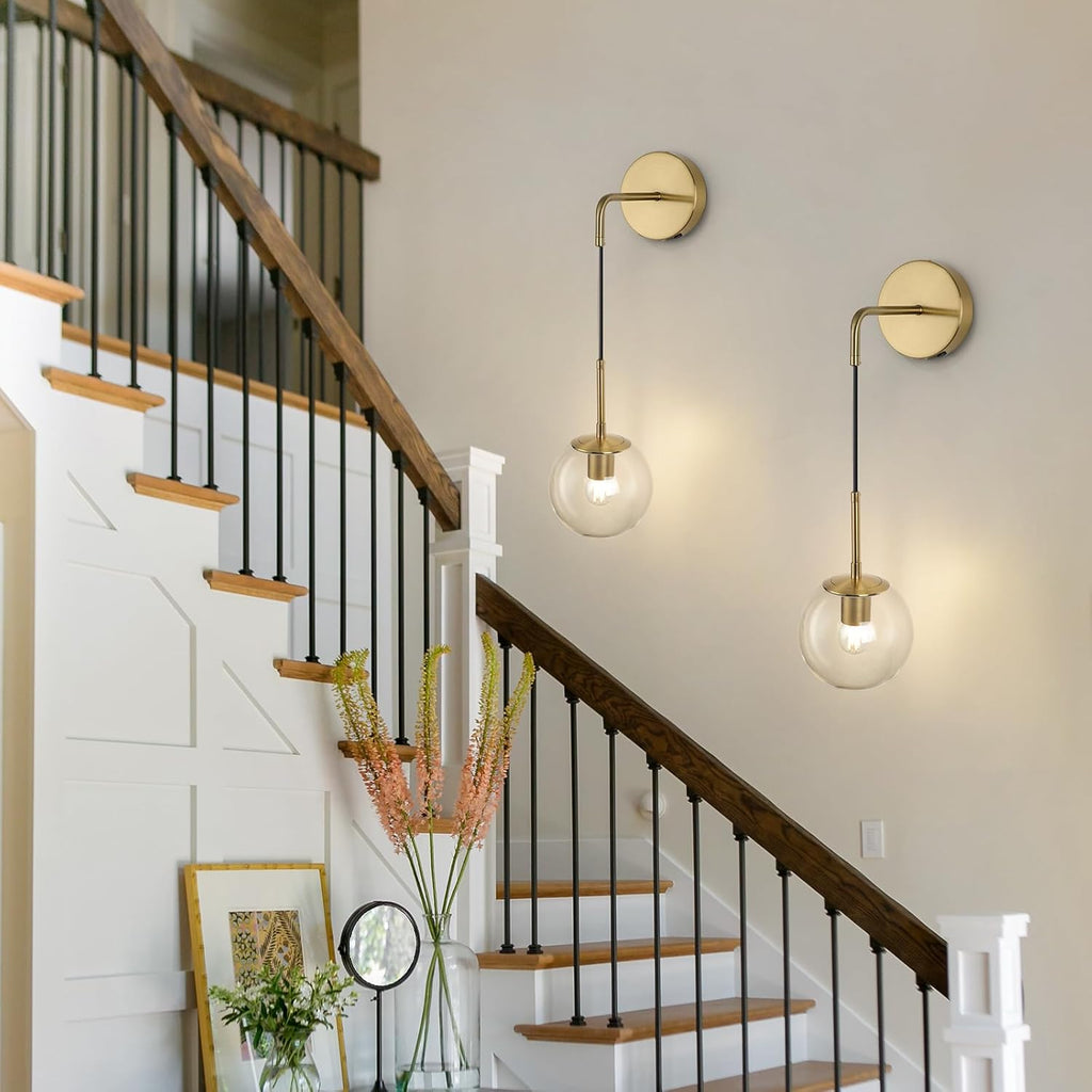 Battery Operated sconces Set of 2 Glass Globe Rechargeable Wall Light Fixture Wireless Wall Lights with Clear Glass Shade for Living Room, Hallway, Bedroom(2 Pack)