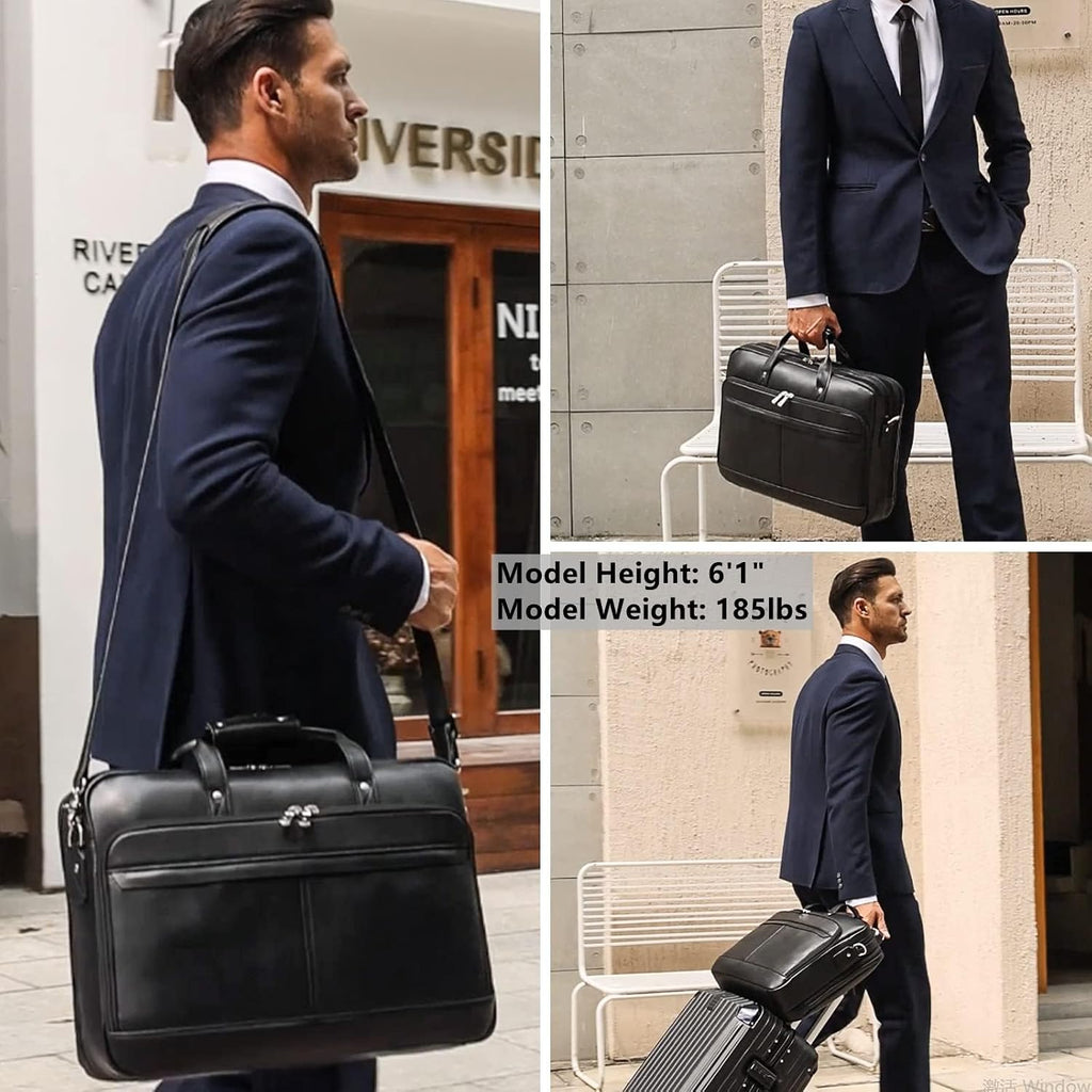 Masa Kawa Leather Briefcase for Men 17/15.6' Laptop Crossbody Shoulder Messenger Bag Business Travel Work Attache Case