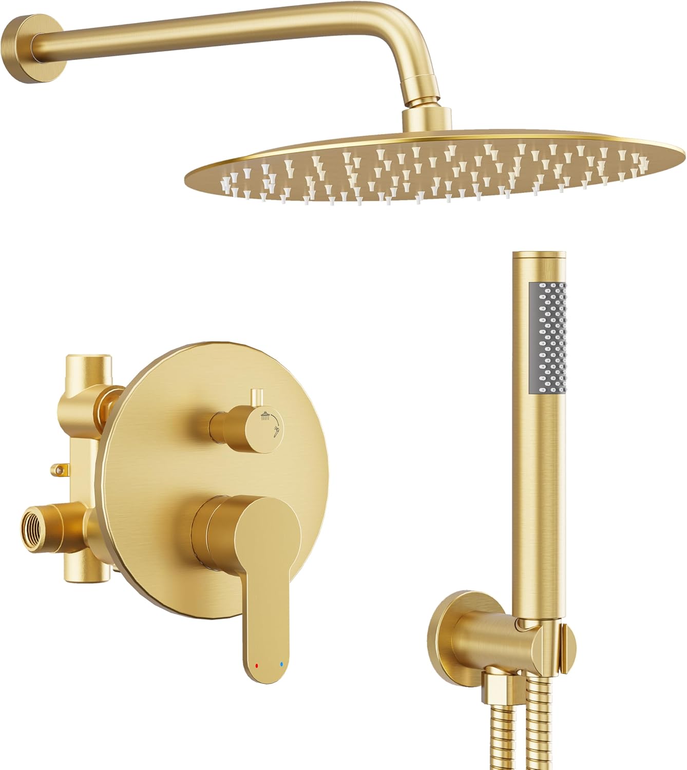 Brushed Gold Shower System, All-Metal Wall Mounted Shower Faucet Set with High Pressure 10-Inch Rain Showerhead & Handheld Spray, Bathroom Shower Combo Set with Rough-In Valve and Trim Included