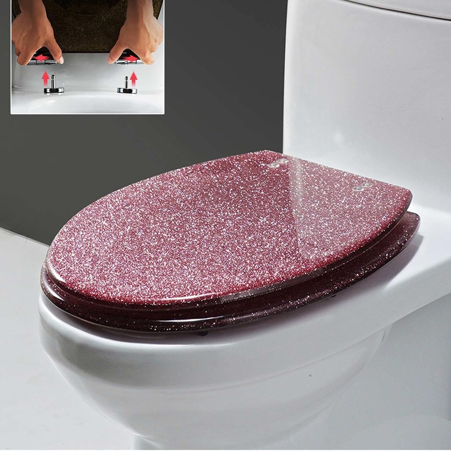 Black Toilet Seat Cover, Sparkly Toilet Seat Glitter Toilet Seat Slow Close Toilet Seat Round, Top/Bottom-Fixed, Quick Release Easy Installation and Cleaning,Gold(Orange)
