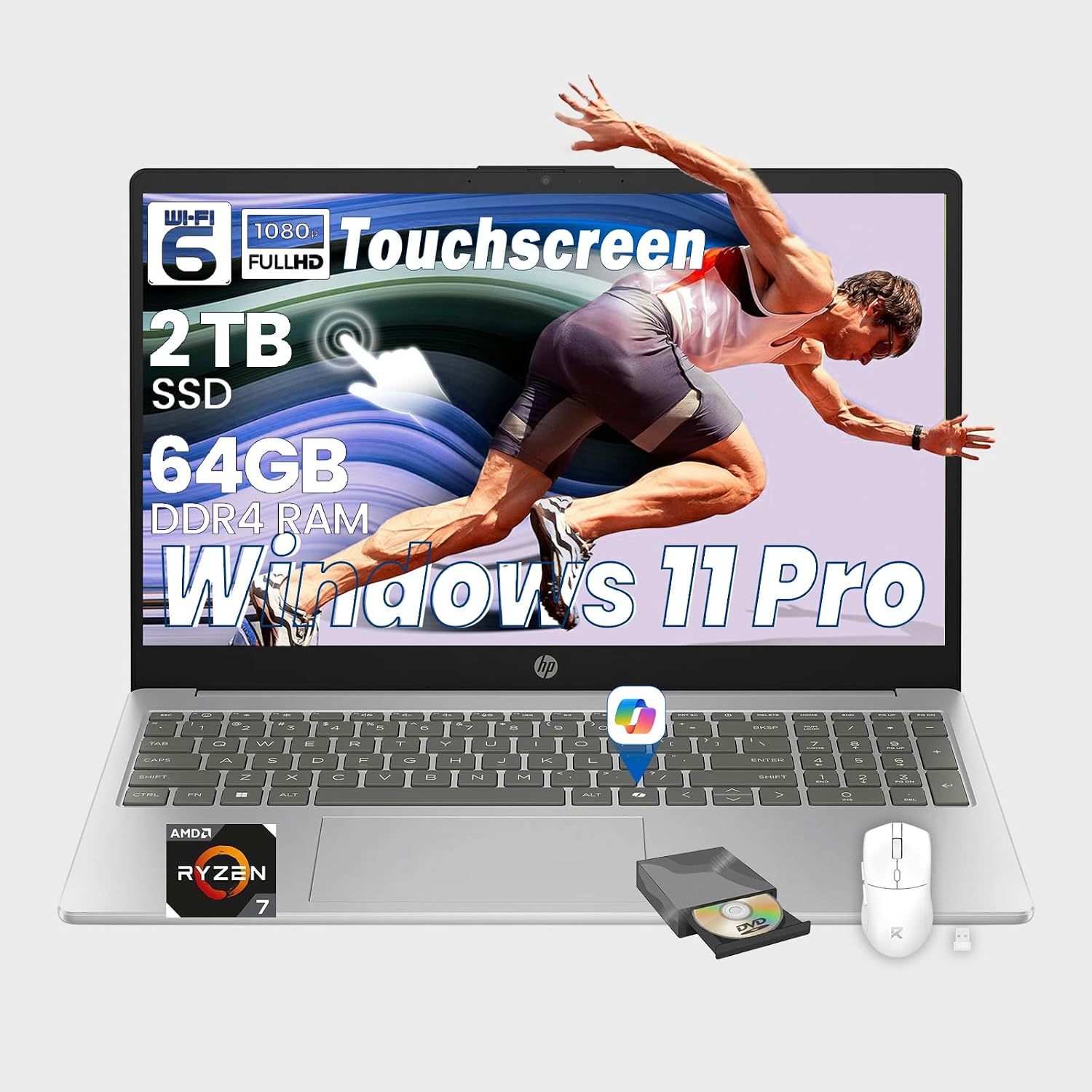 HP Flagship 15.6' Touchscreen Business Laptop, AMD Ryzen 7 7730U, FHD Anti-glare Display, AMD Radeon GPU, AI Noise Reduction, Lightweight, Copilot, Wi-Fi 6, Win 11 Pro, 64GB RAM + 2TB SSD, Accessories