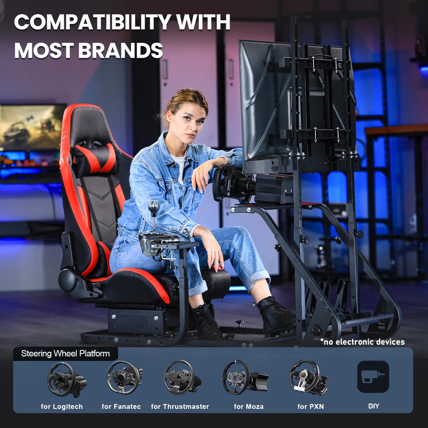 Marada Racing Simulator Cockpit Frame with Monitor Stand, Gear Mount, Red seat Compatible with Logitech G923 G920 G29, for FANTEC Adjustable Wheel and Pedals Not Included Racing Cockpit Full Kit
