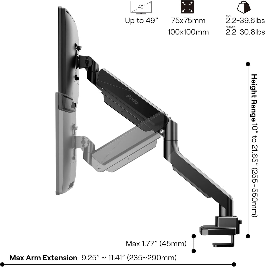 Pixio PXC328 32 inch Curved 180Hz Refresh Rate QHD 1440p Resolution Fast VA Panel 1ms GTG Response Time Gaming Monitor with PS2S Ultrawide Heavy-Duty Premium Single Monitor Arm