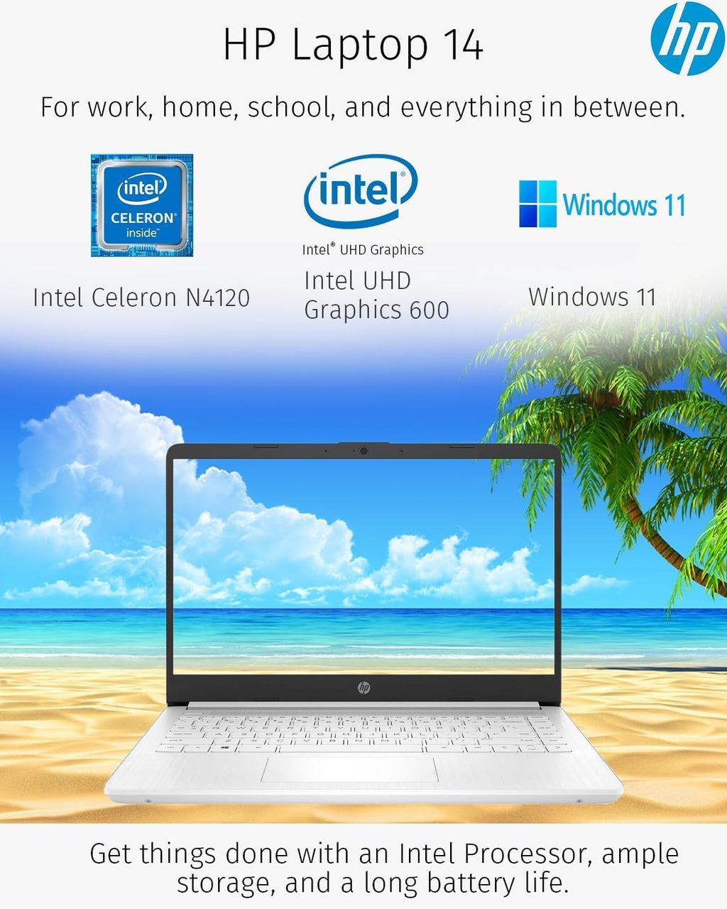 HP New 14' HD Ultral Light Thin Laptop, Quad-Core Intel Celeron Processor, 16GB RAM, 320GB (64GB eMMC+ 256GB SD), Wi-Fi, Upto 11 Hours, Windows 11 S + 1 Year Office 365+HubxcelAccessory, White