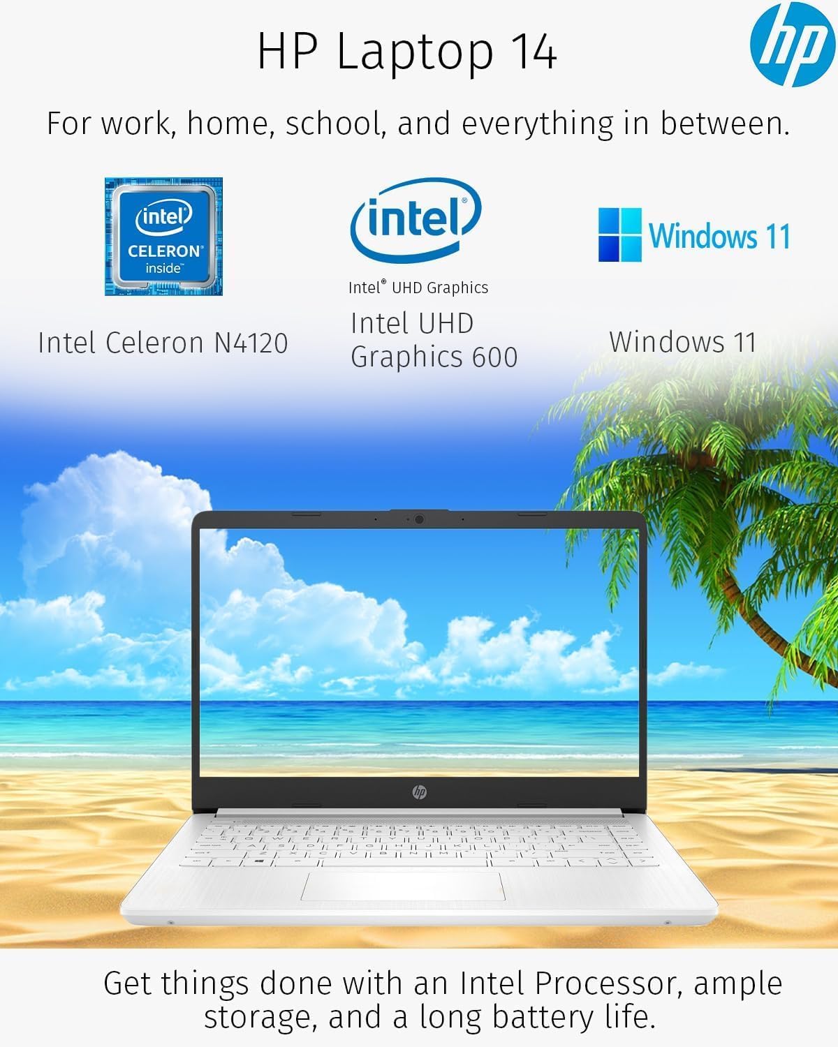 HP New 14' HD Ultral Light Thin Laptop, Quad-Core Intel Celeron Processor, 16GB RAM, 320GB (64GB eMMC+ 256GB SD), Wi-Fi, Upto 11 Hours, Windows 11 S + 1 Year Office 365+HubxcelAccessory, White