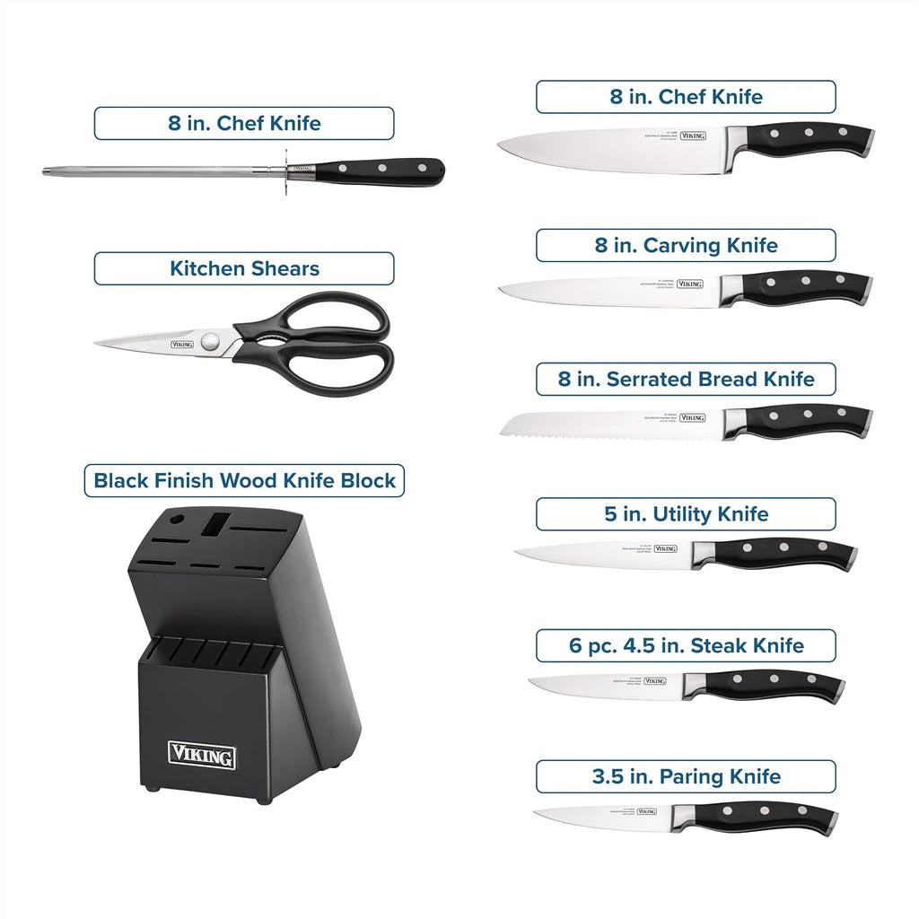 Viking 14 Piece Kitchen Knife Set with Black Block, Cutlery Set with Stainless Steel Blades and Ergonomic Handles, Dishwasher Safe