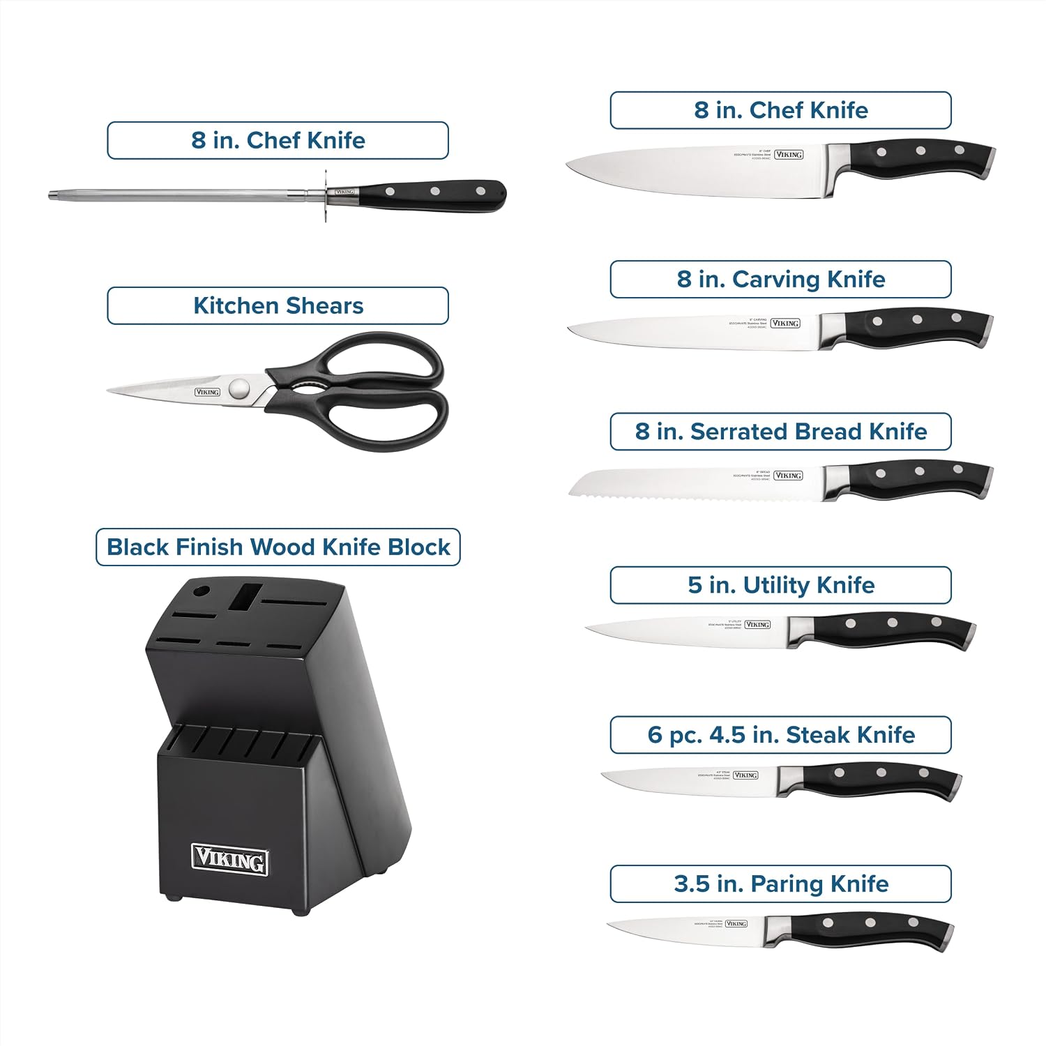 Viking 14 Piece Kitchen Knife Set with Black Block, Cutlery Set with Stainless Steel Blades and Ergonomic Handles, Dishwasher Safe
