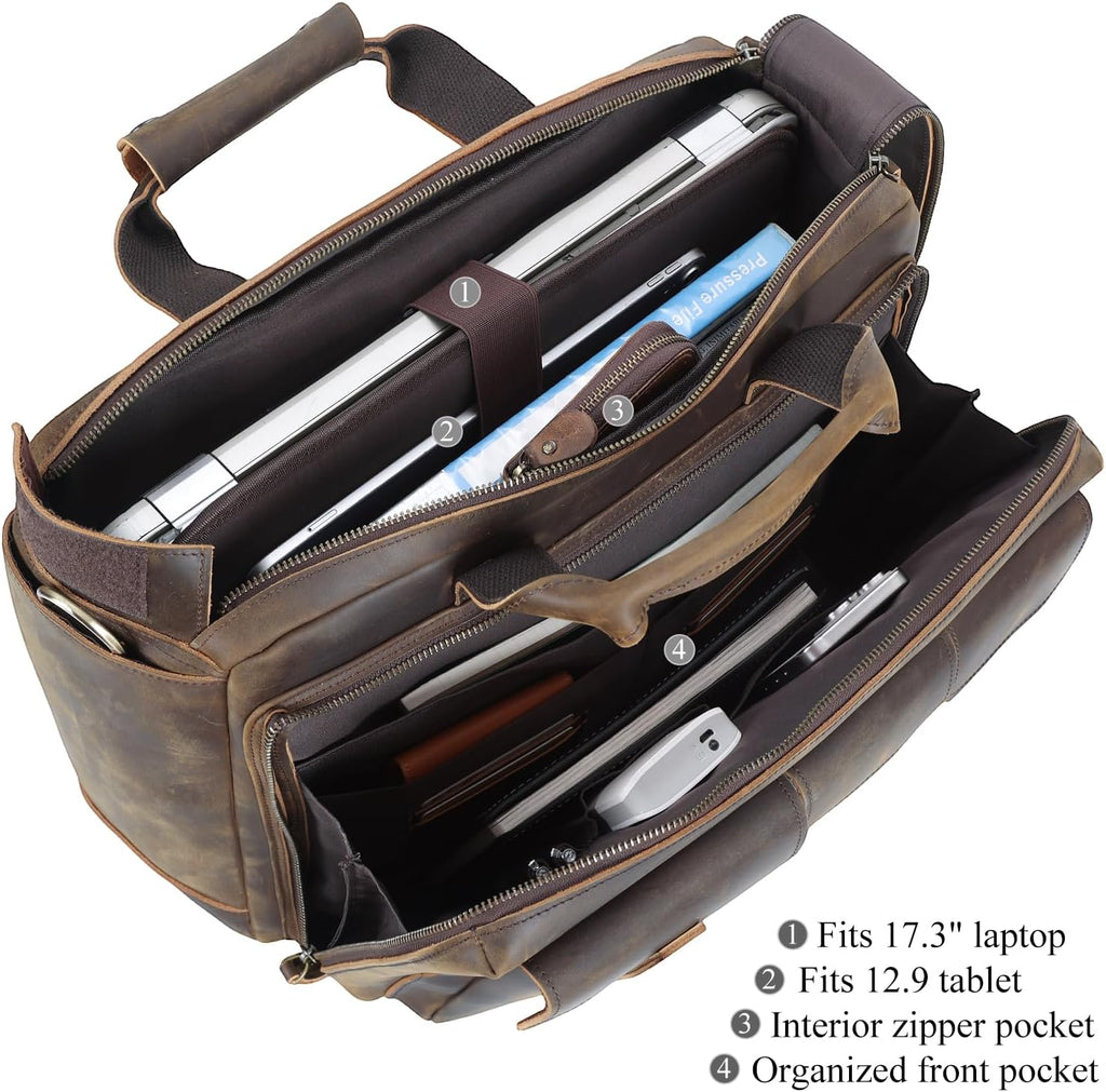 TIDING Full Grain Leather Briefcase For Men 17 Inch Laptop Case Business Travel Office Messenger Shoulder Bag