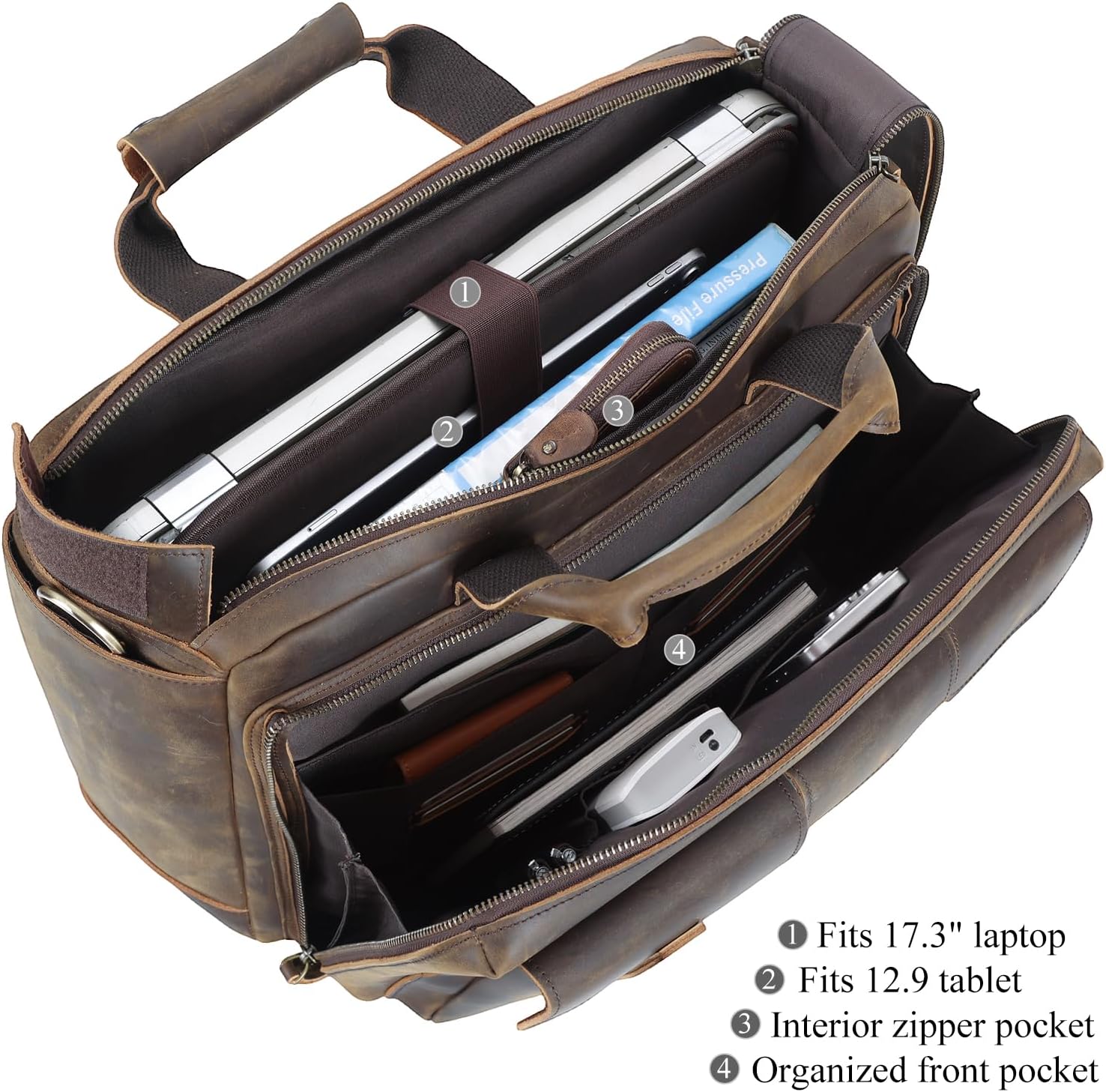 TIDING Full Grain Leather Briefcase For Men 17 Inch Laptop Case Business Travel Office Messenger Shoulder Bag