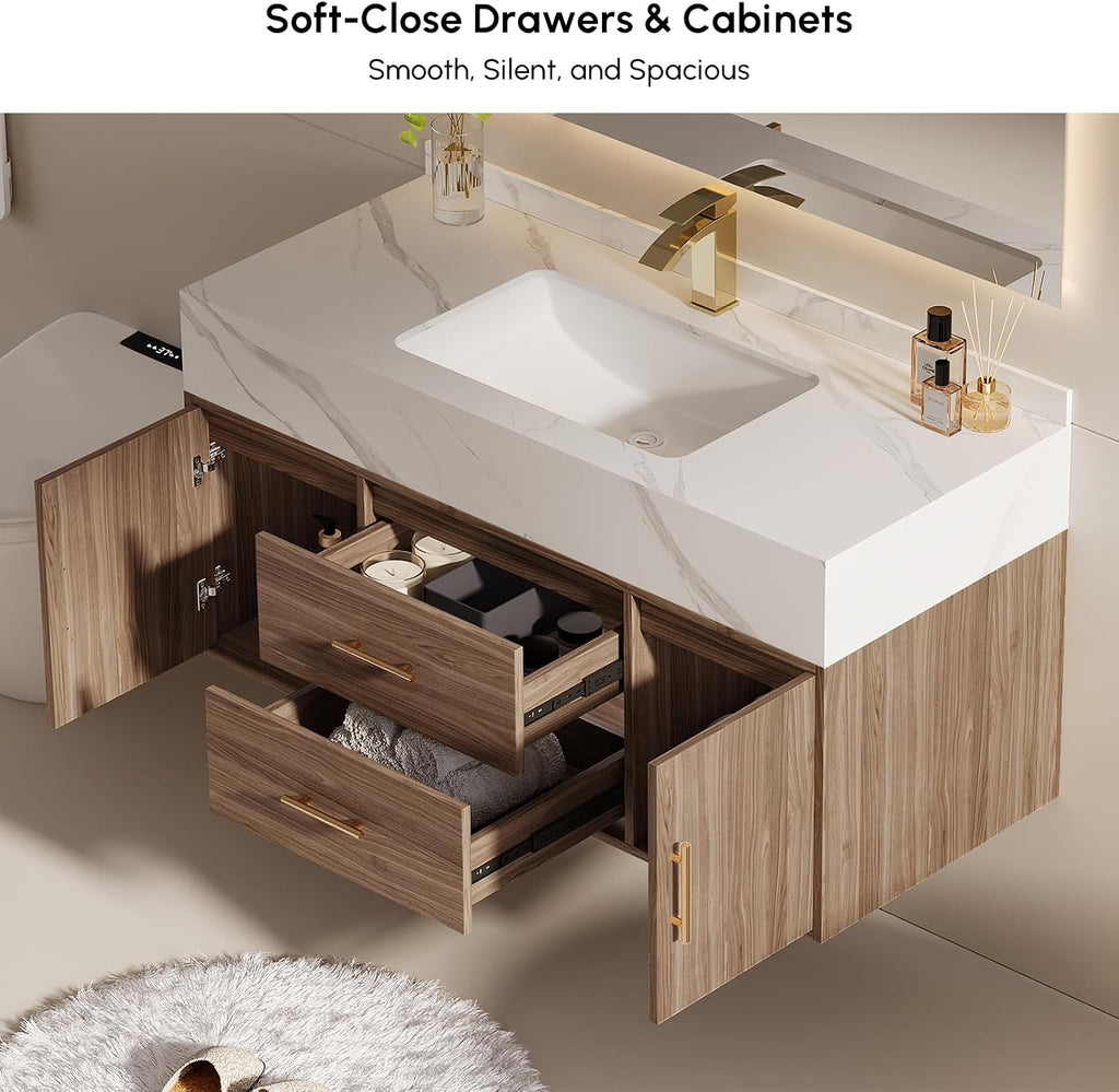 39.3' Floating Bathroom Vanity Set, Modern Wall-Mounted Vanity with Sintered Stone Countertop, Undermount Sink & Walnut Finish, Easy to Clean
