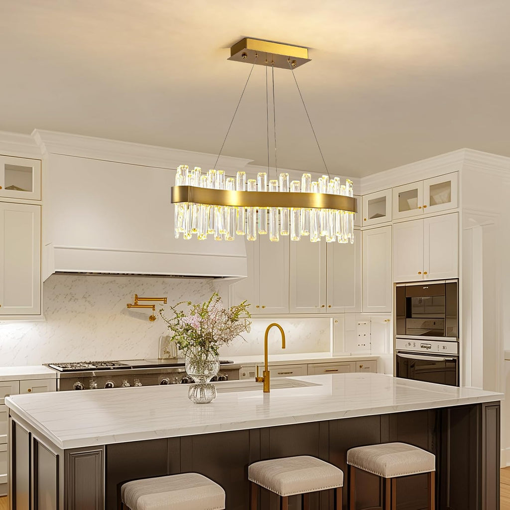Siljoy Modern LED Crystal Chandelier, Luxury Brass Gold 2-Tiers K9 Crystal Raindrop Chandelier, Adjustable Height Linear Crystal Pendant Island Light for Living Dining Room Kitchen Island L30''