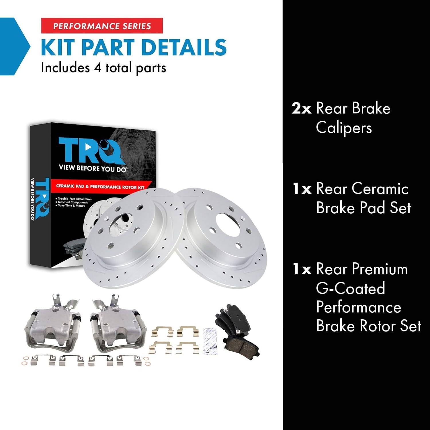 TRQ Performance Rear Brake Pad and Rotor Set Ceramic Solid Coated Rotors Calipers Compatible with 2014-2015 Chevrolet Malibu