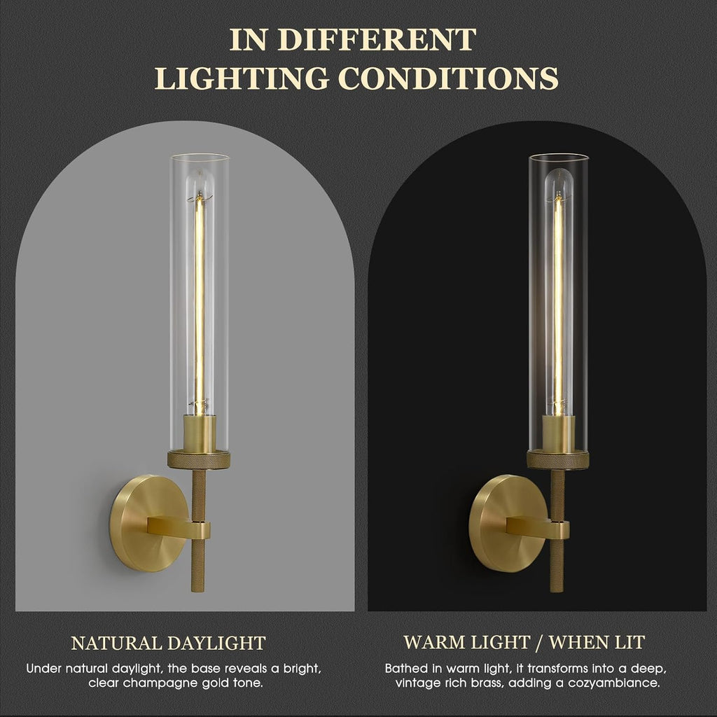 19' Modern Gold Wall Sconces Set of 2, Knurled Brass Vanity Lights with Clear Tube Glass Shade, Industrial Long Linear Wall Lamp for Bathroom Mirror, Hallway, Living Room, Staircase