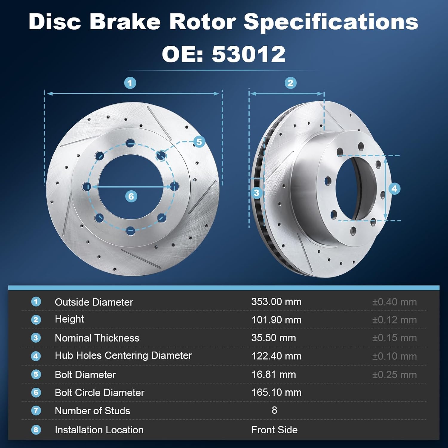Front & Rear Drilled and Slotted Disc Brake Rotors & Ceramic Brake Pads Kit Fit for Dodge 2006-2008 Ram 1500 Mega Cab Model, 8 Lug, 2003-2008 Ram 2500; for 2003-2008 Ram 3500#53012 53011