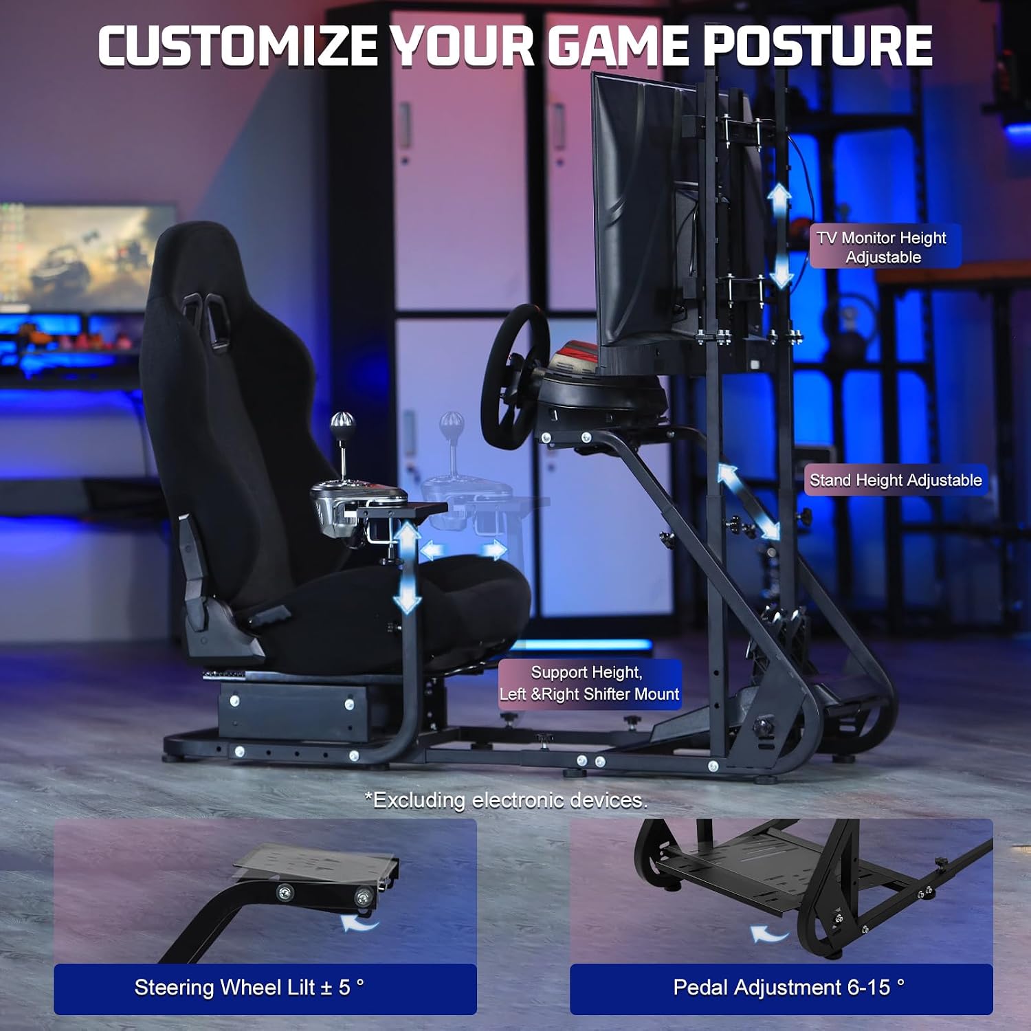 Marada Racing Cockpit Frame with TV Stand,Gear Mount & Black Seat Fit for Logitech G923 G920, for Thrustmaster T500 T3PA TGT, for Fantec, Height Adjustable,Wheel and Pedals Not Included