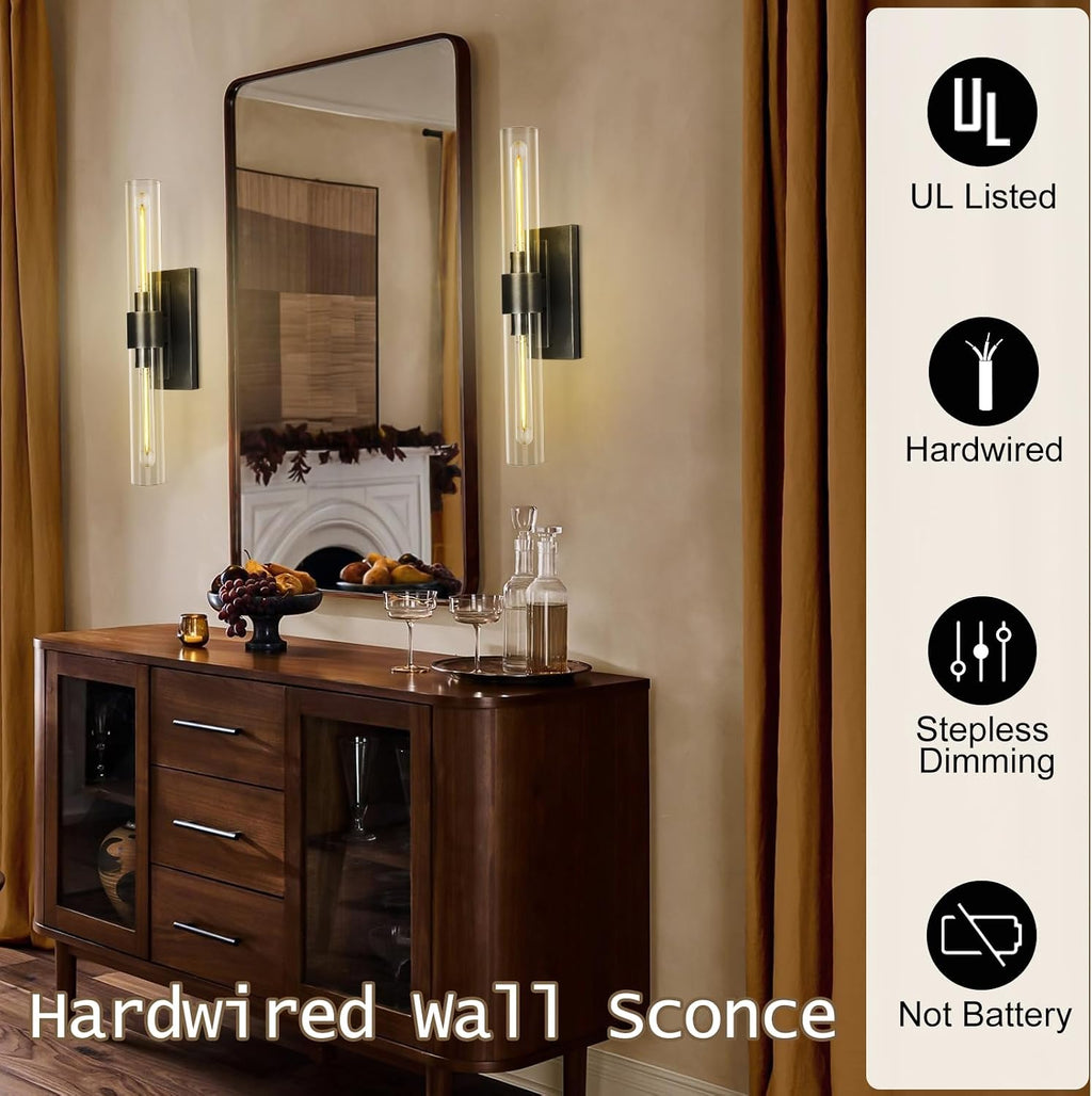 Bronze Vanity Light Hardwired, 2-Light Bathroom Wall Sconce Over Mirror, Black Vanity Lights for Bathroom, Dimmable Wall Sconces with Glass Tube, Indoor Linear Wall Sconce Vertical & Horizontal, 1 PC