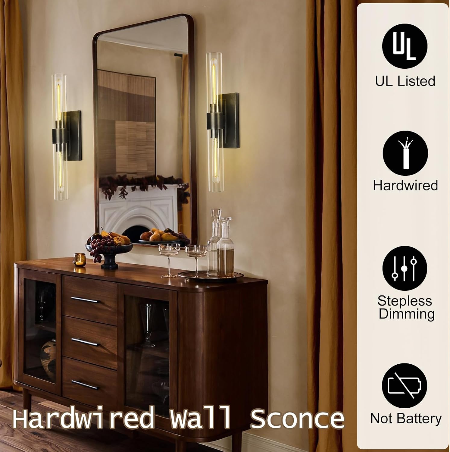 Bronze Vanity Light Hardwired, 2-Light Bathroom Wall Sconce Over Mirror, Black Vanity Lights for Bathroom, Dimmable Wall Sconces with Glass Tube, Indoor Linear Wall Sconce Vertical & Horizontal, 1 PC