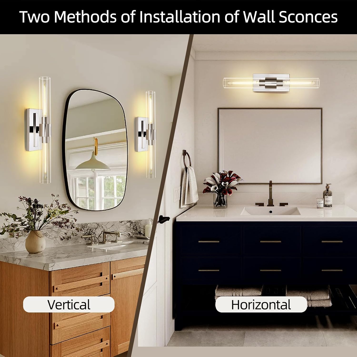 Nickel Bathroom Vanity Light, 2-Light Bathroom Wall Sconce Over Mirror, Chrome Vanity Lights for Bathroom, Dimmable Vanity Sconce with Glass Tube, Indoor Linear Wall Sconce Vertical & Horizontal, 1 PC