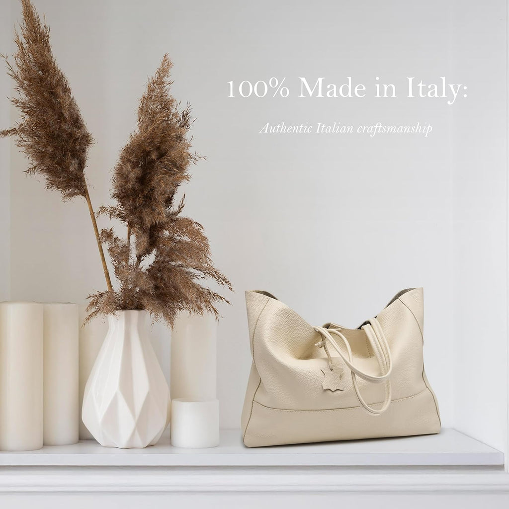 Italian Leather Tote Bag for Women - Large Shoulder Shopper, Fits 16' Laptop, Keychain Holder, Made in Italy