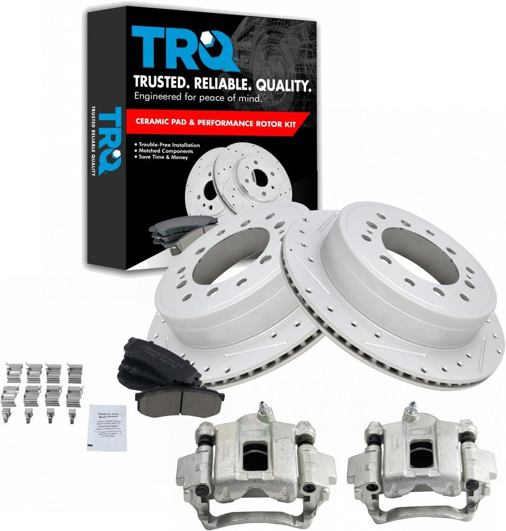 TRQ Performance Rear Brake Pad and Rotor Set Ceramic Drilled Slotted Coated Rotors Calipers Compatible with 2010-2020 Lexus GX460 2010-2018 Toyota 4Runner