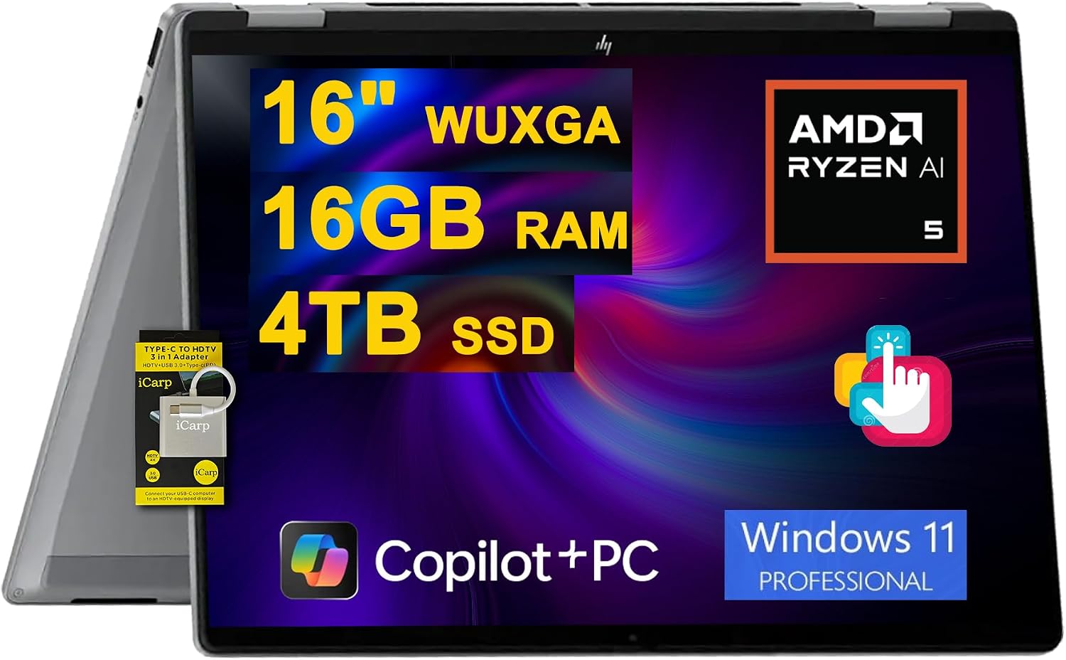 HP OmniBook X Flip 2-in-1 Laptop 16' WUXGA IPS Touch (400nits) AMD 6-core Ryzen AI 5 340 (Up to 50 Tops) 16GB DDR5 4TB SSD for Designer Business Professional Work Win11Pro ICP Hub