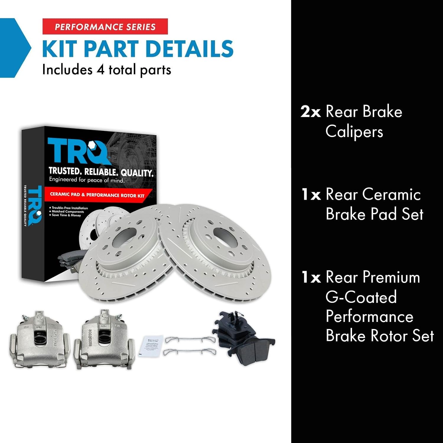 TRQ Performance Rear Brake Pad and Rotor Set Ceramic Drilled Slotted Coated Rotors Calipers Compatible with 2003-2014 Volvo XC90