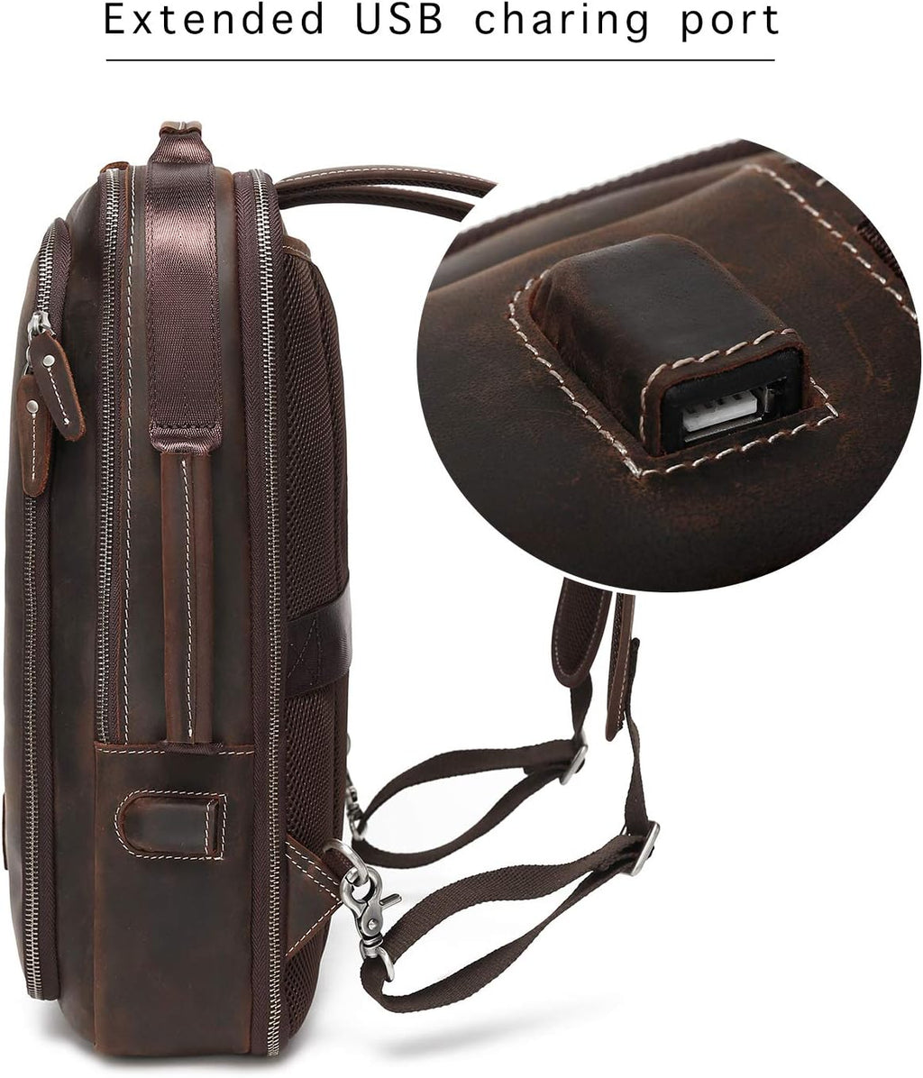 LANNSYNE Men's Full Grain Leather Expandable 15.6 Laptop Backpack Tote Shoulder Travel Bag Rucksack