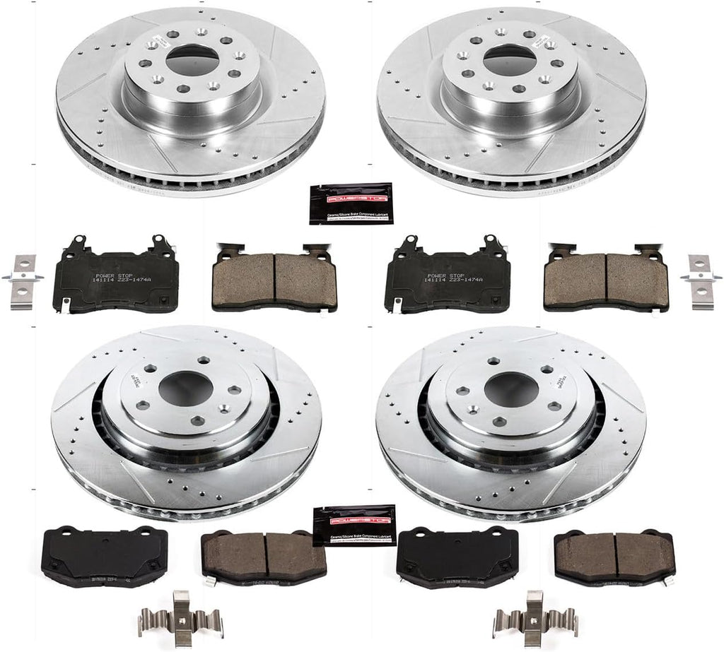 PowerStop Front and Rear Brake Kit for Chevrolet Camaro 2016-23 - Drilled and Slotted Disc Rotors with Carbon-Fiber Ceramic Brake Pads Replacement, K7226