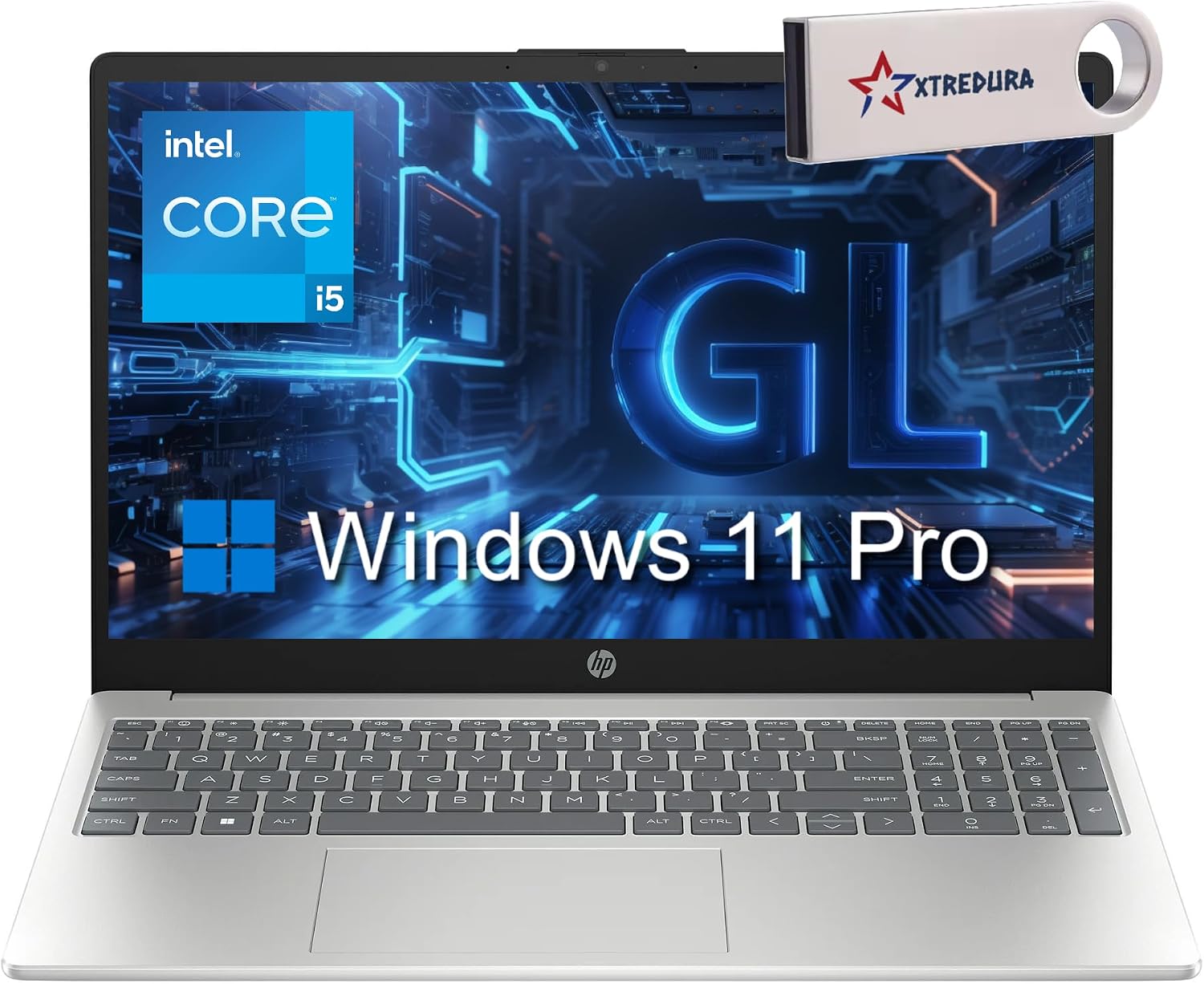 HP Business 15 Laptop, 15.6 inch FHD Display, Intel Core i5-1235U 10-core Processor, PCIe SSD, Webcam, WiFi 6, Bluetooth 5.3, Windows 11 Pro, Silver, Bonus XtreDura USB Drive ((32G RAM | 1TB SSD))