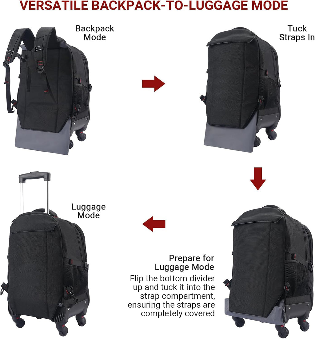 star cloud 45L Rolling Backpack for 17.3' Laptop - 22x14x9', Water-Resistant Luggage with 4 Extra Wheels, Roller Travel Laptop Backpack for Business, Wheeled Backpack for Travel and Commuting