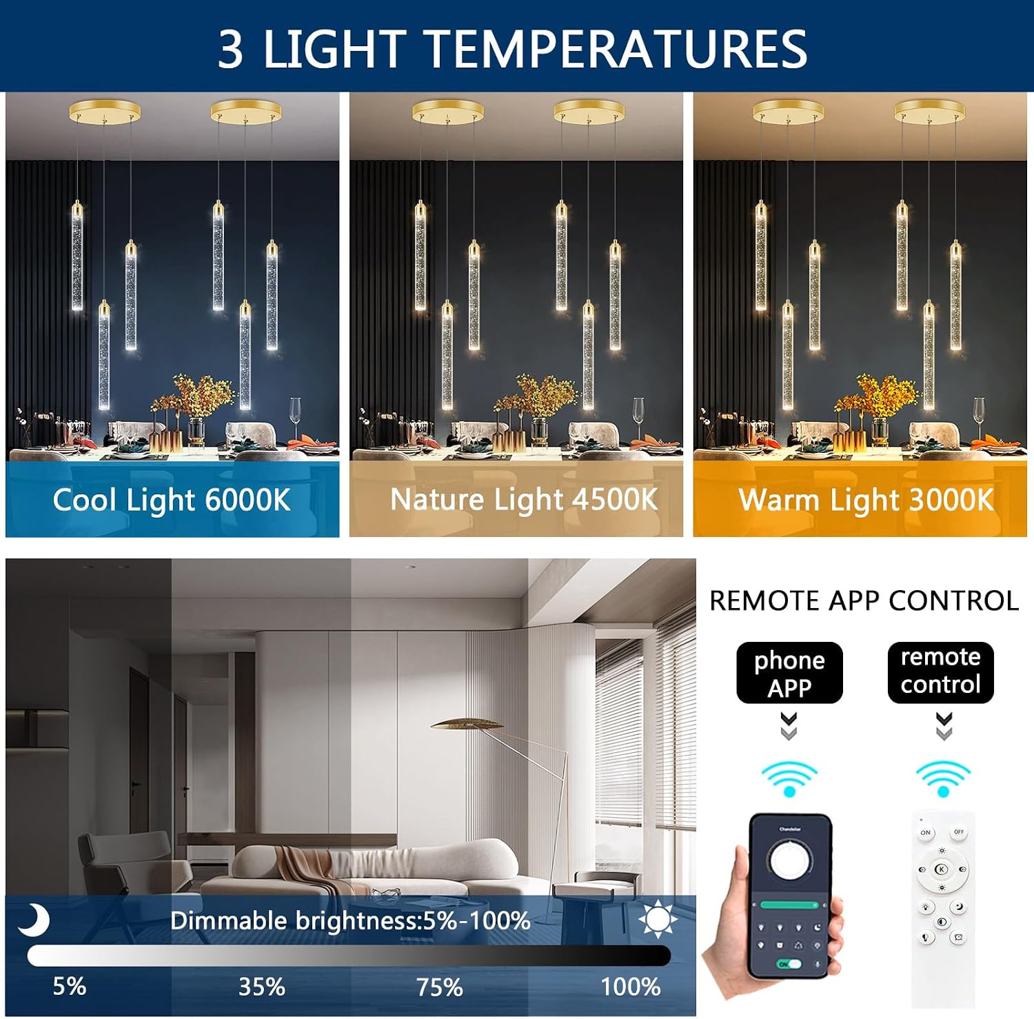 Pendant Lights Kitchen Island Mini Chandelier Gold Pendant Light Crystal Light fixtures Adjustable Hanging Ceiling Hanging Lights Bubble Mini Crystal Ceiling Light for Dining Room Bedroom 2700K 6000K